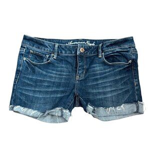 American Eagle Jean Denim Shorts Women 10 Blue Stretch Distressed Frayed Hem